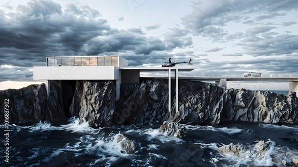 Fototapeta House with a helicopter on top of a cliff in the sea..