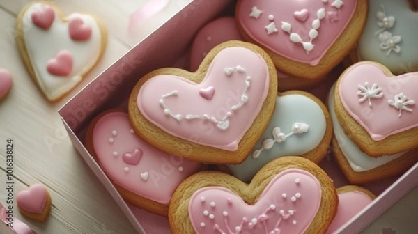 Fototapeta Valentine's Day cookie box, heart-shaped with romantic decorations generative ai