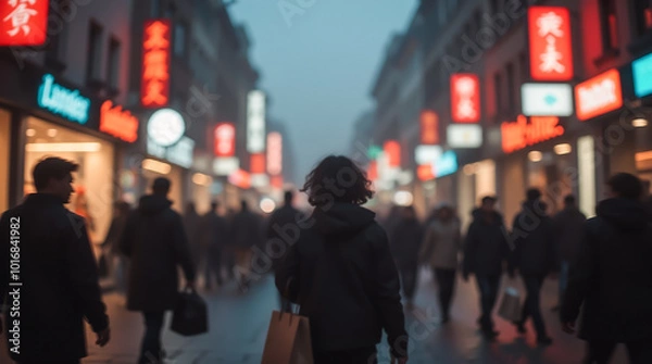 Fototapeta Strolling through streets illuminated by neon signs