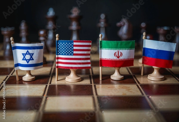 Fototapeta A chess board with the flags of The United States, Israel, Iran and Russia. Symboling the Geo political tensions today.