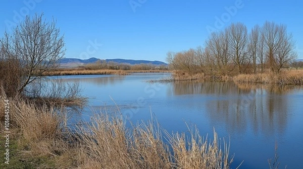 Obraz A serene river landscape with gentle waters reflecting the clear blue sky at midday