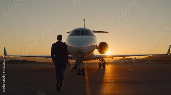 Fototapeta Private Jet Parked on a Runway at Sunset | Luxurious Travel Experience for Business Executives