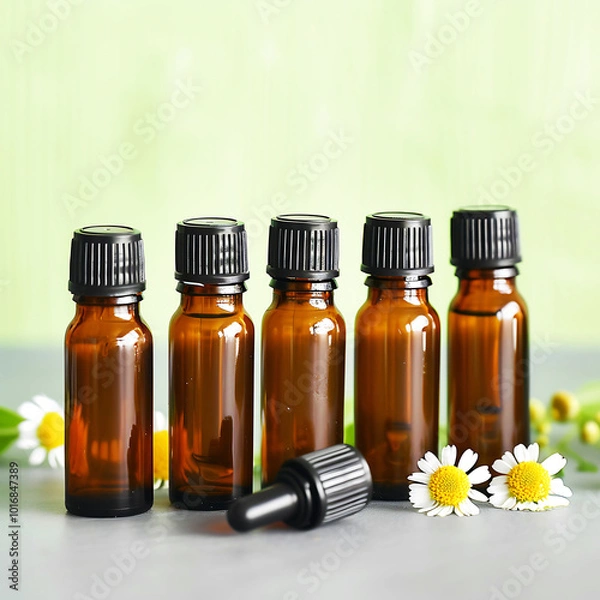 Fototapeta four small bottles of medicine one of which has a flower in the middle