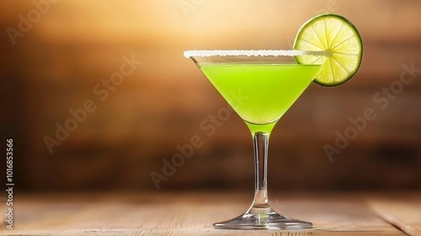 Fototapeta Green Apple Martini with Lime and Sugar Rim in a martini glass, with a sugared rim and a thin slice of lime for garnish, set against a wooden backdrop with natural daylight streaming in. 