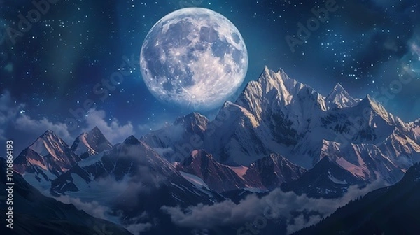 Fototapeta A serene full moon illuminating a calm lake at midnight.