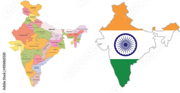 Fototapeta India map India’s official color map is presented alongside a colorful map displaying cities with names labeled. This design highlights geographic diversity, ideal for educational and promotional use.