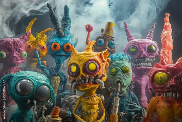 Obraz Funny-looking colorful monsters having fun. Junkie aliens partying together, dancing, tripping, smiling	