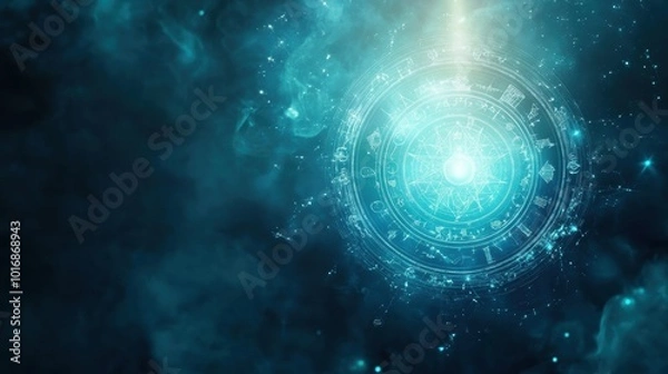 Fototapeta Mystical circle filled with astrological symbols and celestial diagrams, blue ethereal glow