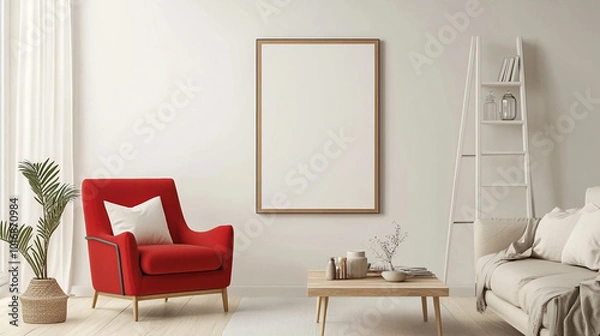 Fototapeta Bright and modern living room featuring a red armchair and minimalist decor with a white space