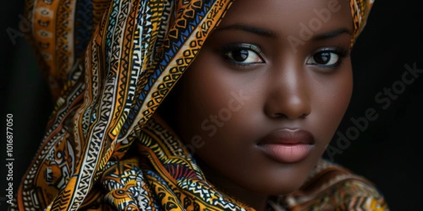 Fototapeta Elegant Portrait of a Young Woman in a Colorful Headscarf with Intricate Patterns