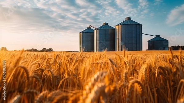 Obraz Silos in a wheat field at sunset. Agriculture and farming concept