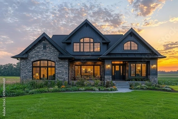Fototapeta front view of a newly built house surrounded by lush green grass and a clear blue sky at sunrise inviting potential buyers with its picturesque and charming exterior
