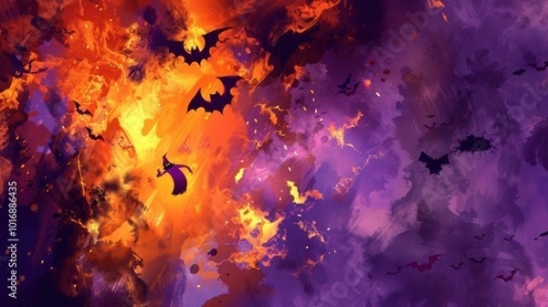 Fototapeta Energetic Halloween Abstract Design with Vibrant Orange and Black Patterns and Glowing Purple Fog