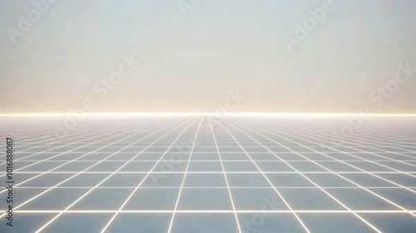 Fototapeta Futuristic glowing grid landscape design with bright horizon in pastel colors