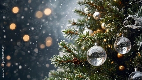 Fototapeta Festive Christmas Tree With Glittering Ornaments and Snowfall
