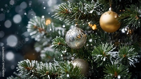 Obraz Elegant Christmas Tree with Golden and Silver Ornaments