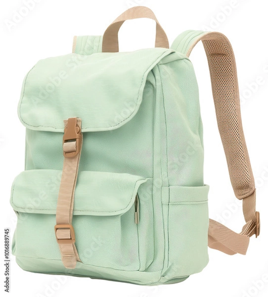 Obraz Mint green backpack with adjustable straps on white background. Transparent background.