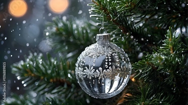 Obraz Elegant Silver Bauble Ornament on Christmas Tree Branch