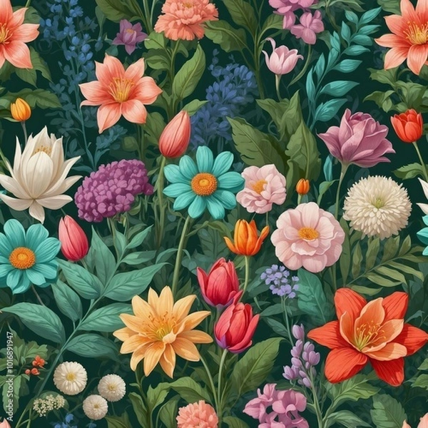 Fototapeta The image is a digital illustration of a variety of colorful flowers and plants