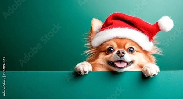 Obraz A dog  wearing a Santa hat, peeking over the edge of a green background and holding the side of a billboard with its two front legs only, christmas card banner wallpaper, copy space for text