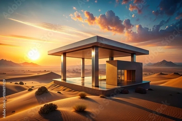 Fototapeta Minimal render of structure in desert at sunset with warm colors & retro futurism style