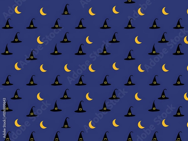 Fototapeta A seamless pattern featuring tiny black witches hats and crescent moons.