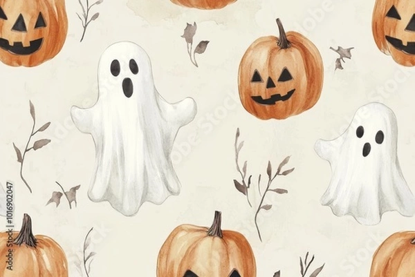 Obraz watercolor Halloween seamless pattern with cute ghost and funny pumpkin on beige background,