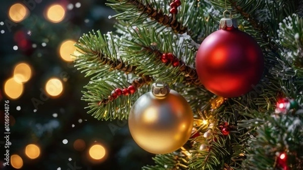 Obraz pine tree branch with Christmas ornaments