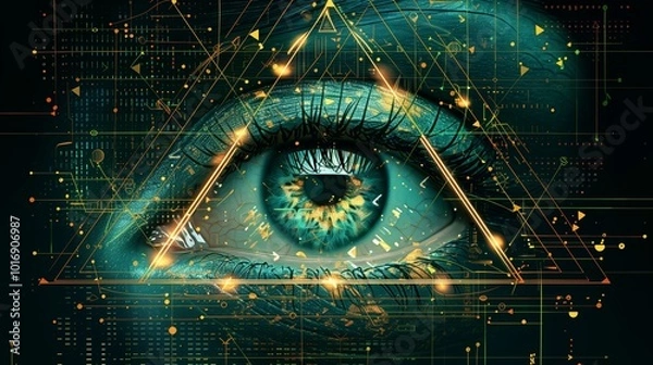 Fototapeta Cyberpunk Eye in Triangle with Matrix AI Design on Green and Black Background