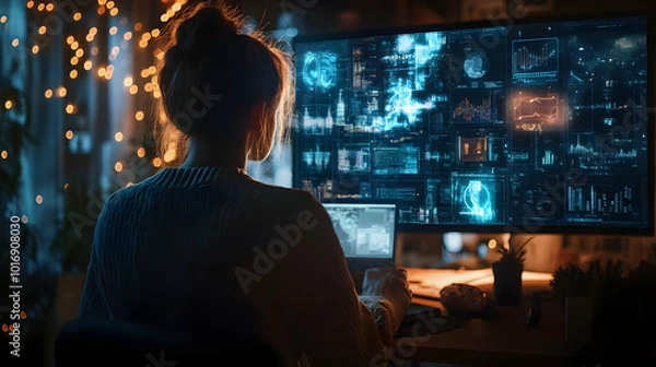 Obraz Woman Working with Data on a Computer Illustration