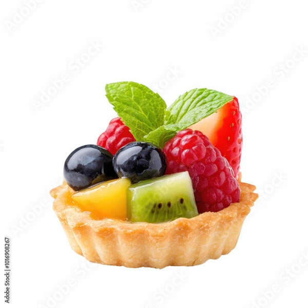 Obraz Delicious fruit tart with assorted fresh fruits, white isolate background. Transparent background.