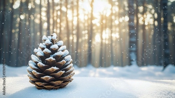 Fototapeta Snow-covered pine cone in forest during winter morning