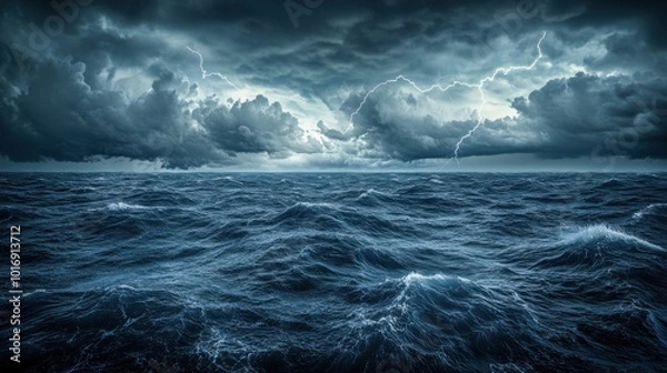 Fototapeta Stormy ocean with lightning and dark clouds during thunderstorm