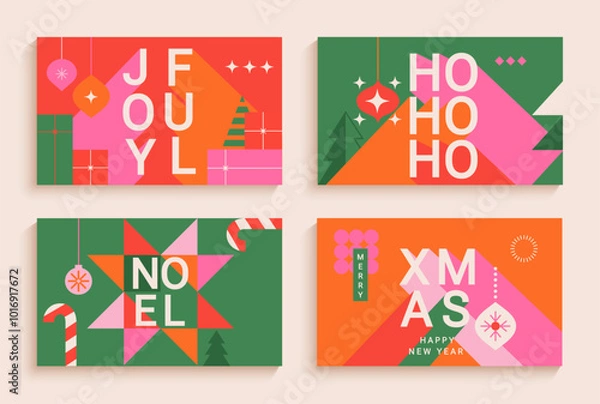 Obraz 2025 Christmas bright flyers, set of greeting banners in modern minimalist geometric style. Minimalistic geometric patterns. Design template for cover,web,social media, print,cards,posters. Vector