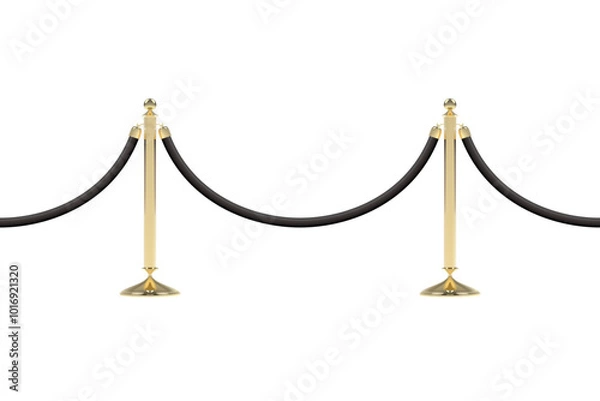Obraz Barriers with black rope, seamless line. Realistic image of golden stanchion poles, velvet rope. PNG isolated on transparent background and vector illustration