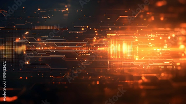 Fototapeta Abstract Background - Orange Digital Circuitry with Glowing Lines and Bokeh Lights