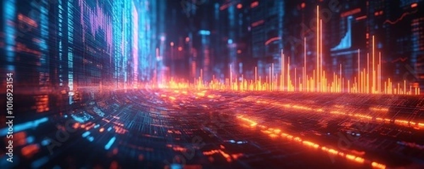 Obraz Abstract Digital Landscape with Glowing Lines and Data