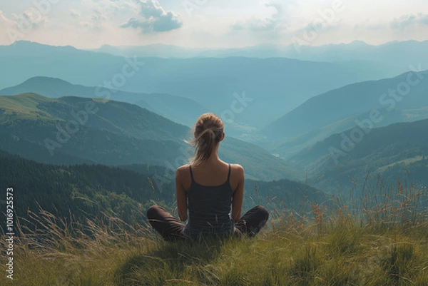 Fototapeta A woman is sitting on a hillside, looking out over the mountains