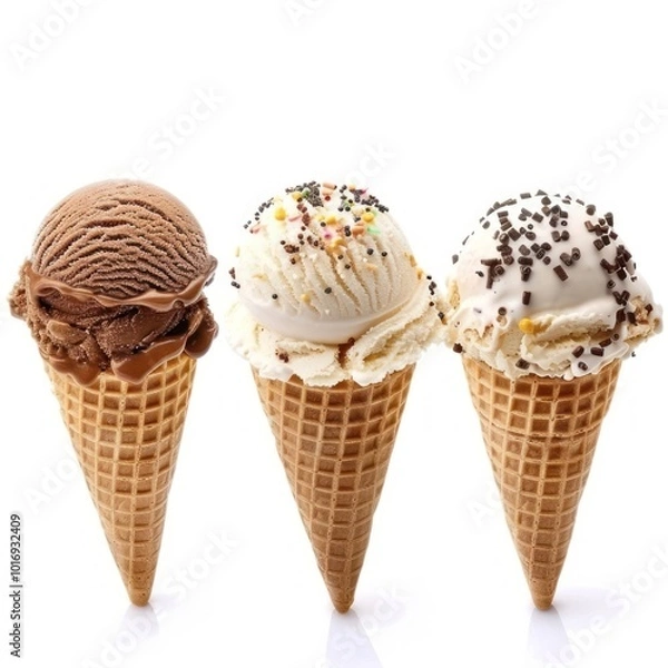 Fototapeta 3 different scoops of ice cream cone dessert food white background.