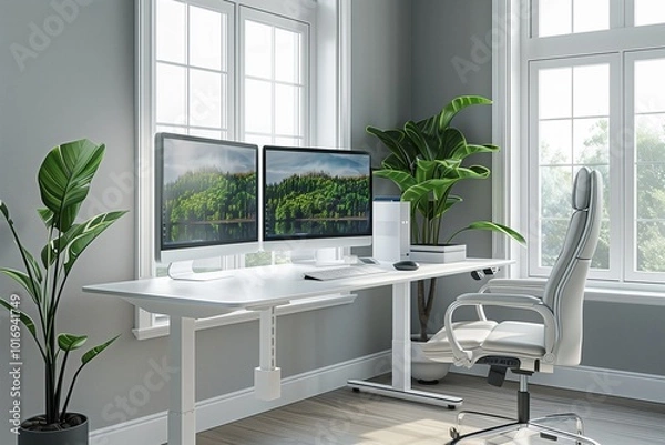 Obraz A modern workspace with a white standing desk, dual monitors, a sleek ergonomic chair, and a small potted plant beside a large window.