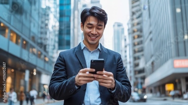 Fototapeta Young happy Asian businessman executive, Japanese business man investor standing in big city street with downtown buildings using cell phone looking at smartphone checking financial apps on mobile