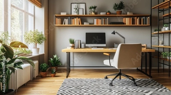 Fototapeta Modern office space with desk, computer, and plants, creating a productive atmosphere.