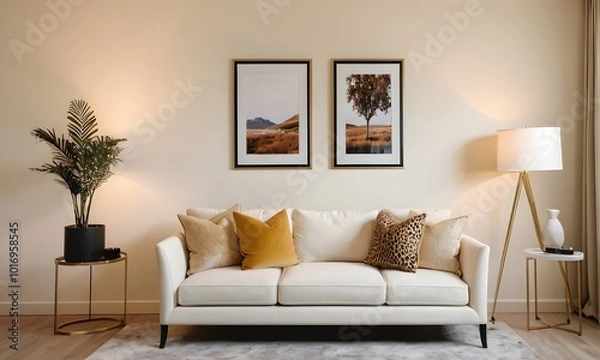 Obraz Inviting Interior: White Table and Artistic Decor Painting and Couch Against White Wall, Generative Ai