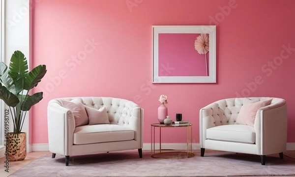 Fototapeta Modern Room Aesthetic: White Table with Art and Decor on Pink Wall, Generative Ai