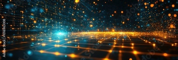 Obraz Panoramic abstract technology background with glowing grid and particles