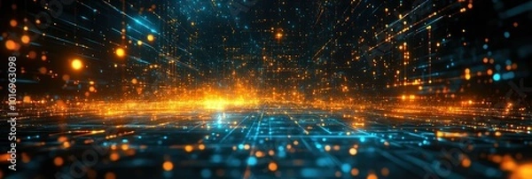 Obraz Panoramic abstract technology background with glowing grid and particles