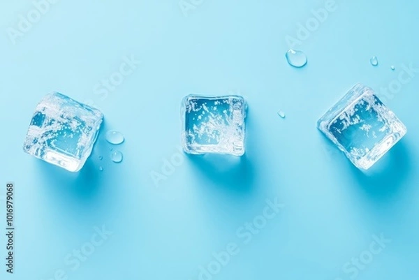 Obraz Three ice cubes melting on a blue surface, creating droplets of water in a fresh and cool setting