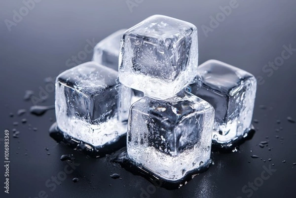 Fototapeta Clear ice cubes stacked on a dark surface with water droplets visible, highlighting their texture and clarity during a contemporary setting