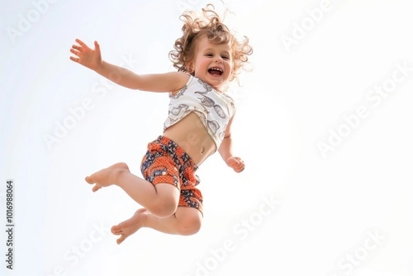 Obraz A child jumping in mid-air, with an expression of pure joy, cut out against a white background.