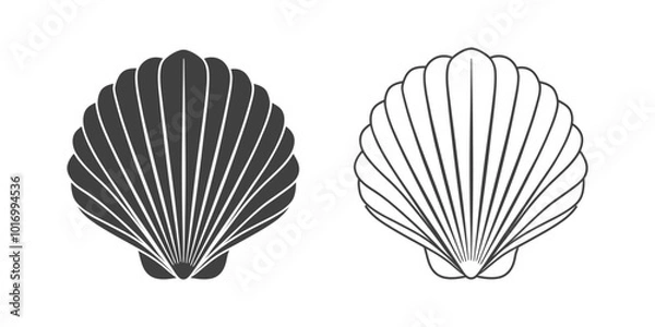 Fototapeta Scallop seashell logo. Isolated silhouette and contour drawing of a scallop on a white background. 